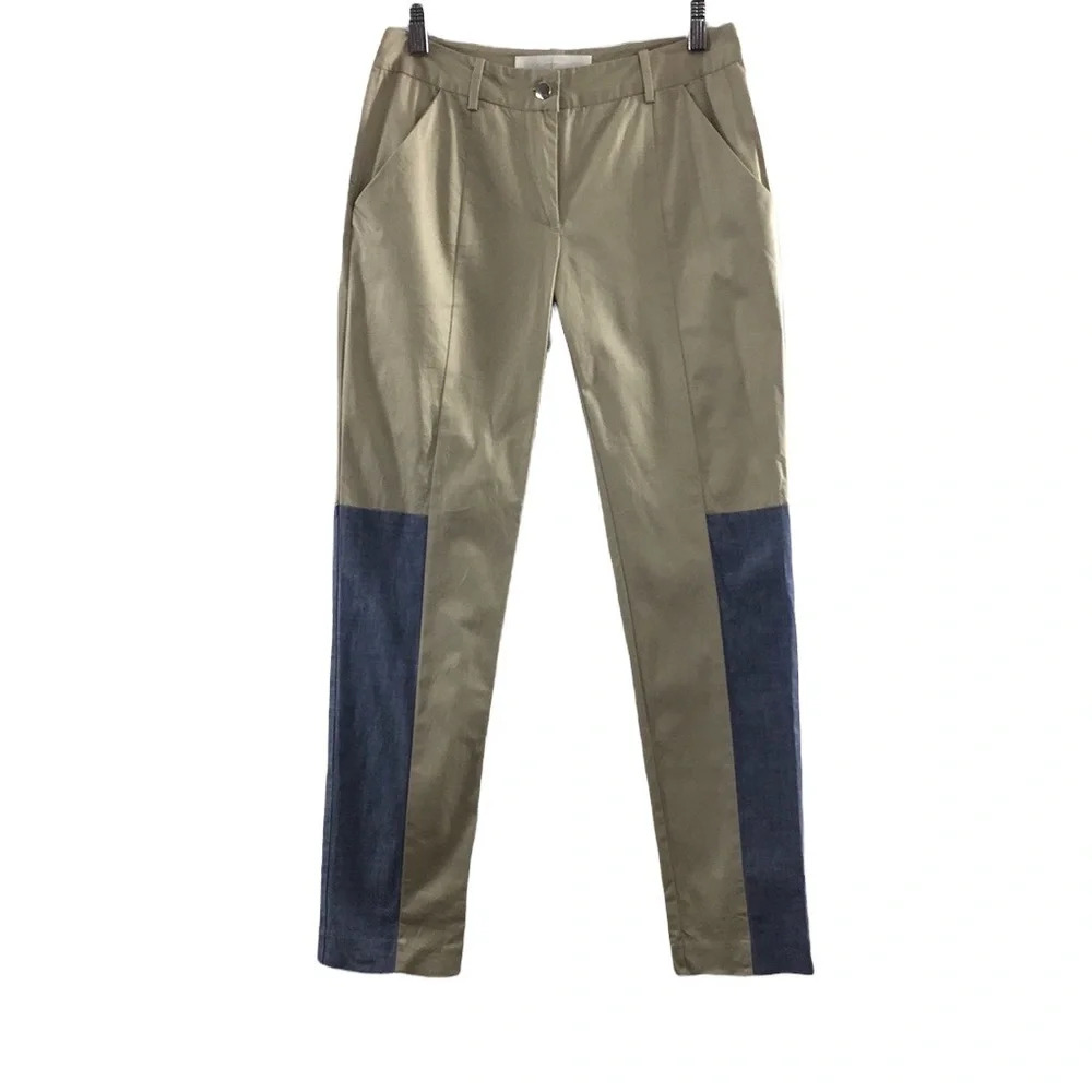 Thakoon Addition Skinny Patchwork‎ Pants Womens 0 Tan Blue Colorblock Denim